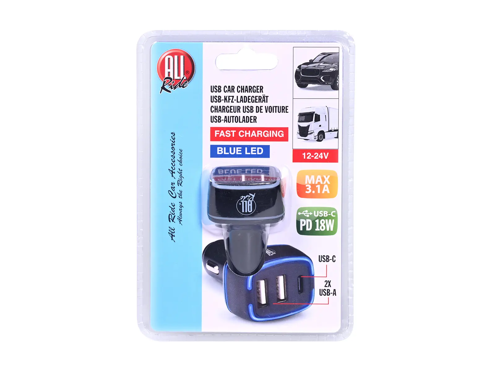 ALL Ride USB-KFZ-Ladegerät 2x USB A + USB C