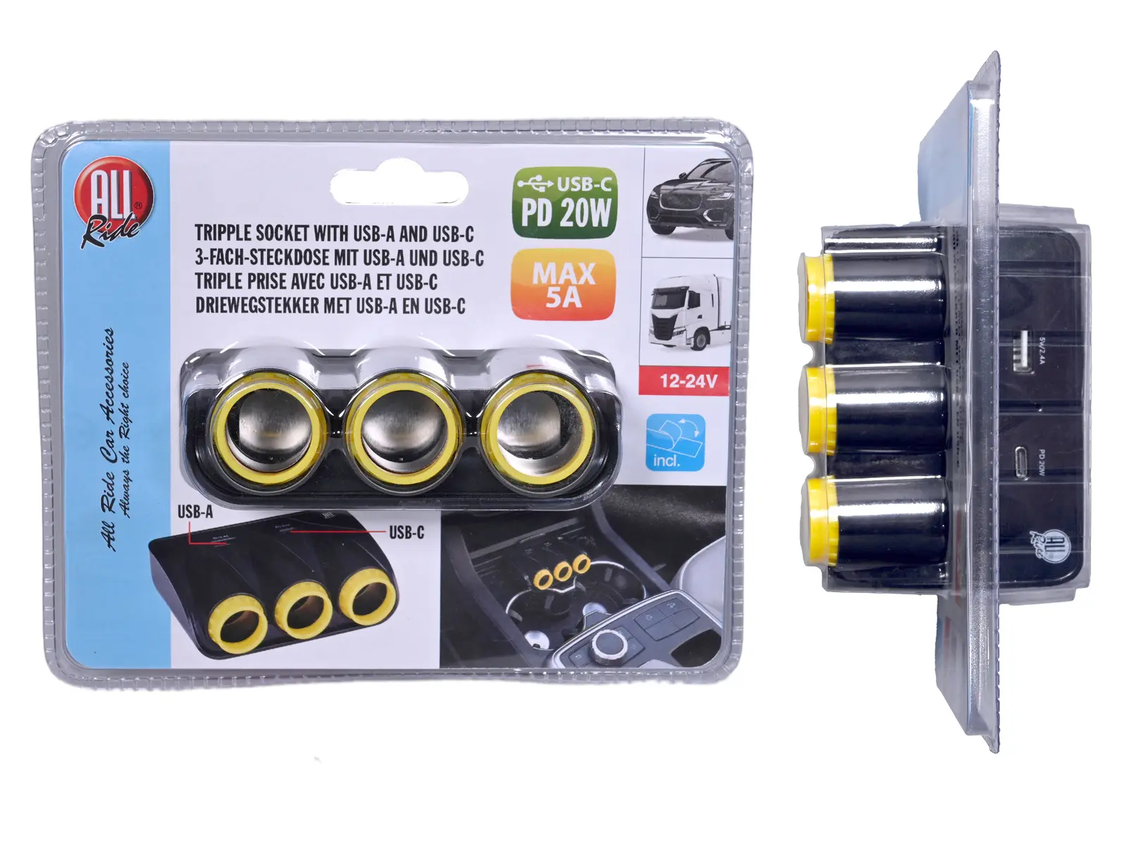 3-fach Steckdose mit USB-A u. -C (20 W), 12/24 V