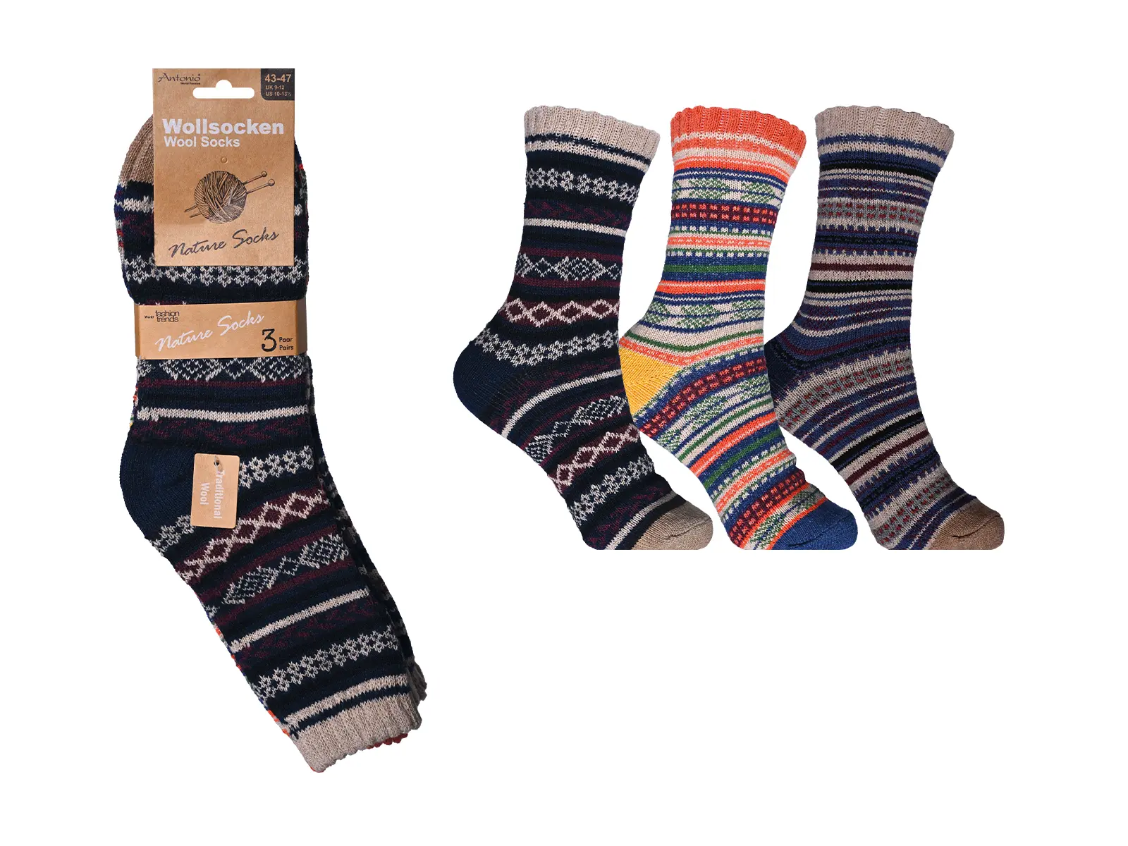 Wollsocken Herren Skandinavian 3er Pack Gr. 43-47