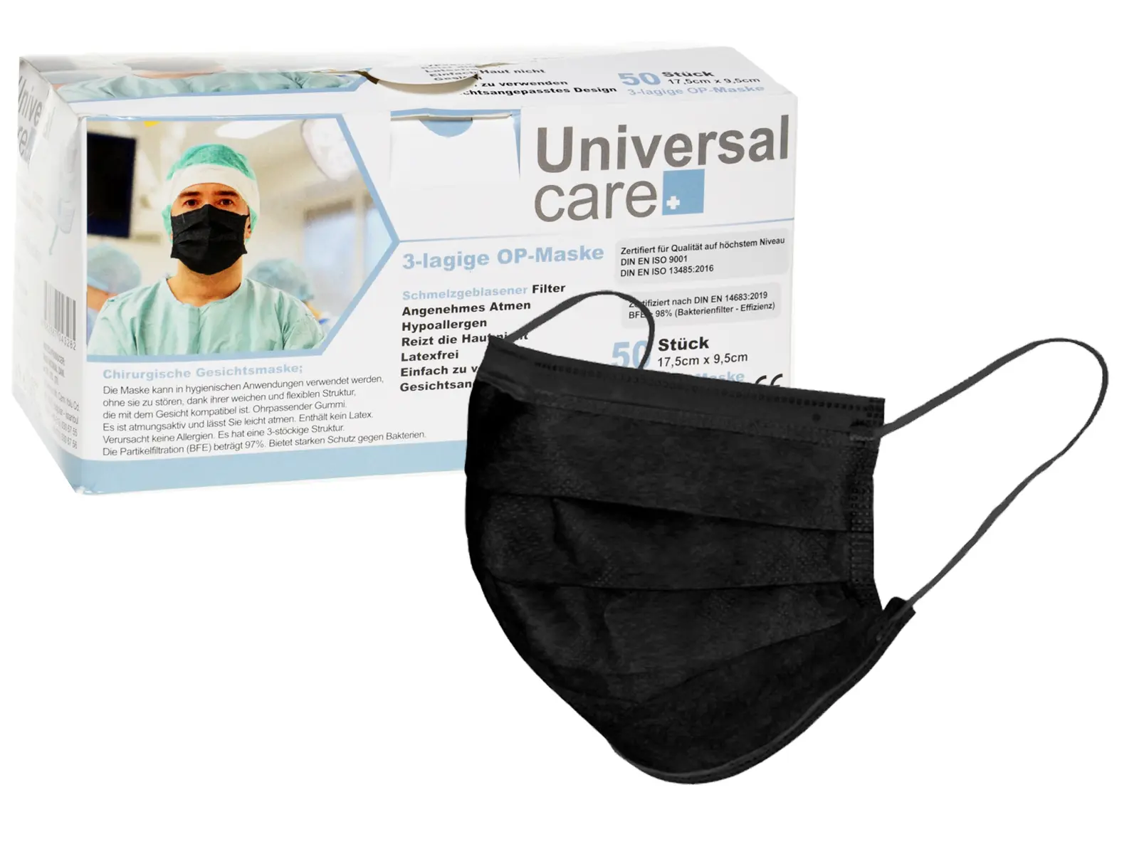 Einweg Gesichtsmaske mit Ohrschlaufe schwarz, VE50