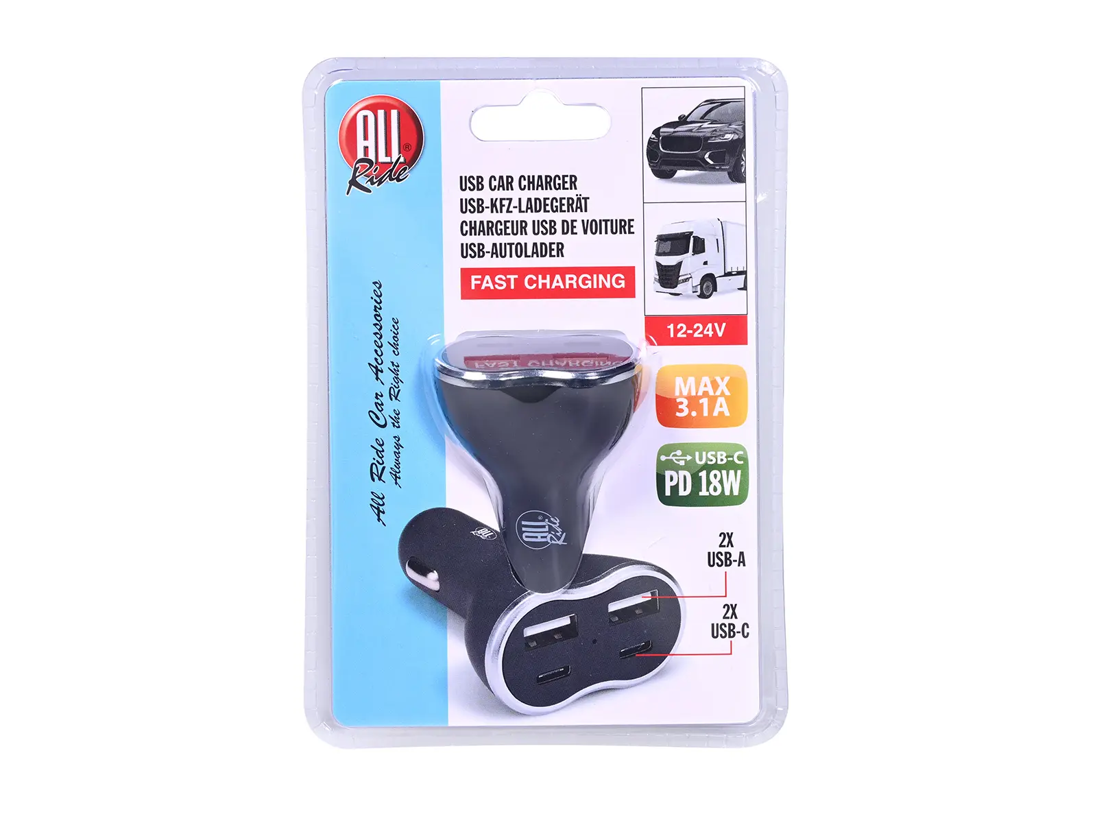 ALL Ride USB-KFZ-Ladegerät 2x USB A + 2x USB C