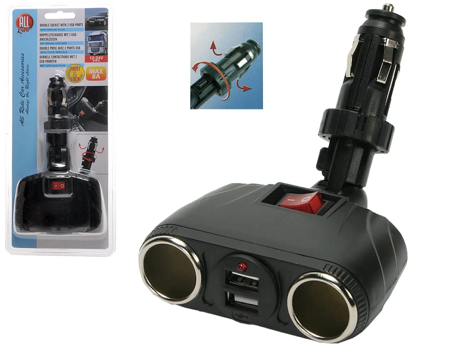 Steckdose 2er mit 2x USB, 12 / 24 Volt max. 8 A