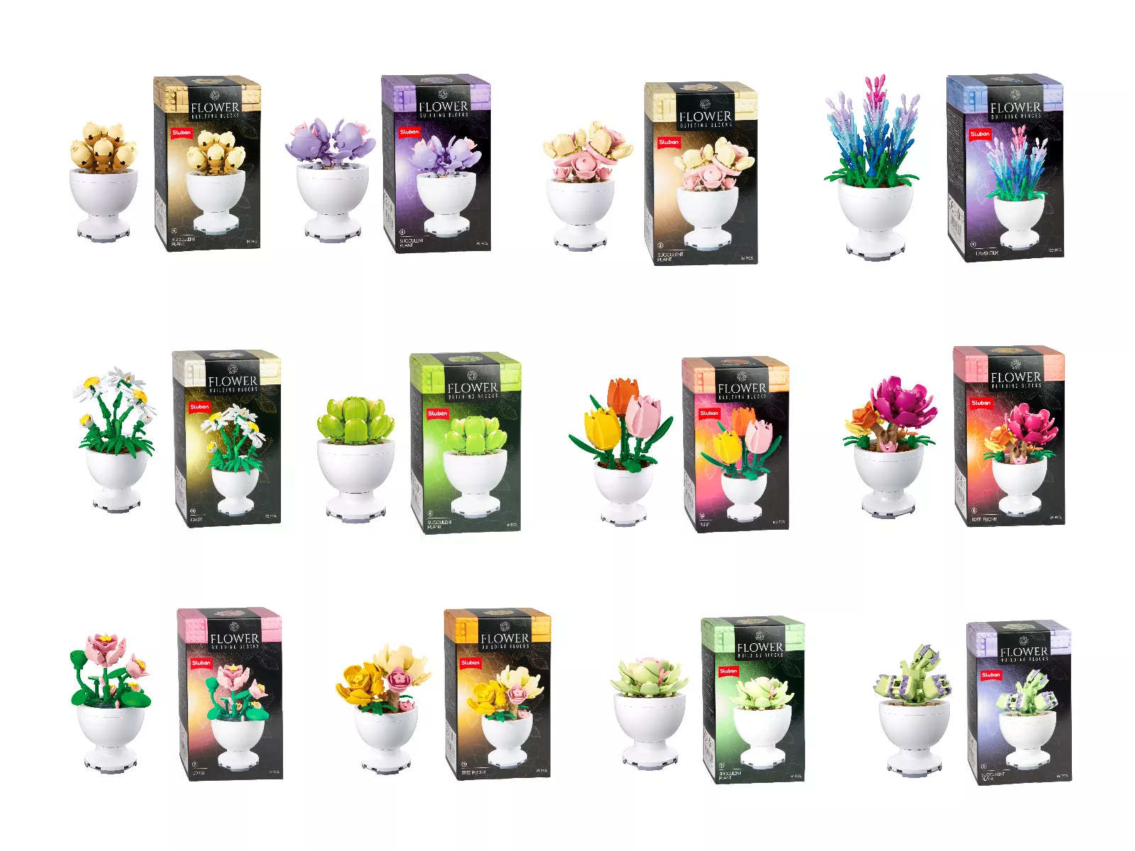 SLUBAN Bausteine, Blumen im Topf, 12-fach sortiert