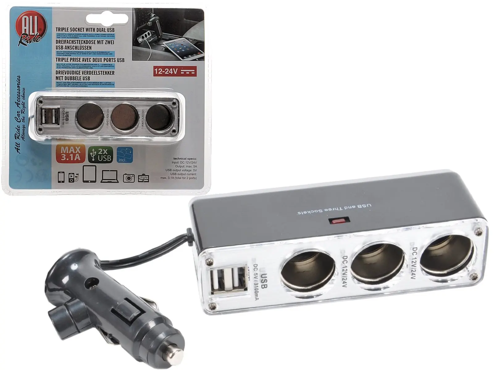 Steckdose 3er mit 2 USB, max 3.1 A, 12/24V